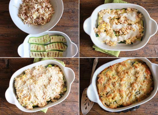 Abobrinha gratinada com molho de queijo e atum